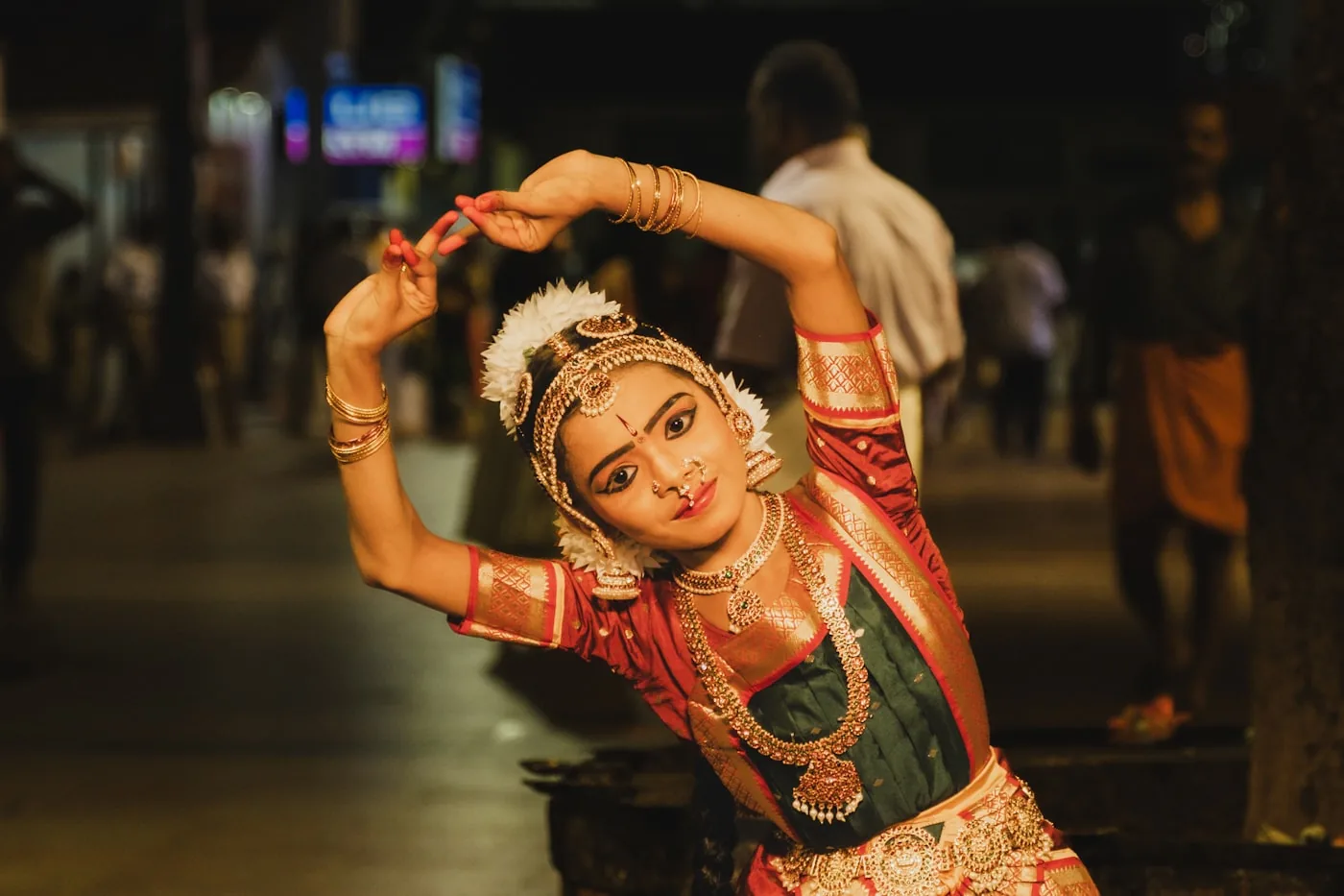 Classical dancer mid-mudra in traditional costume